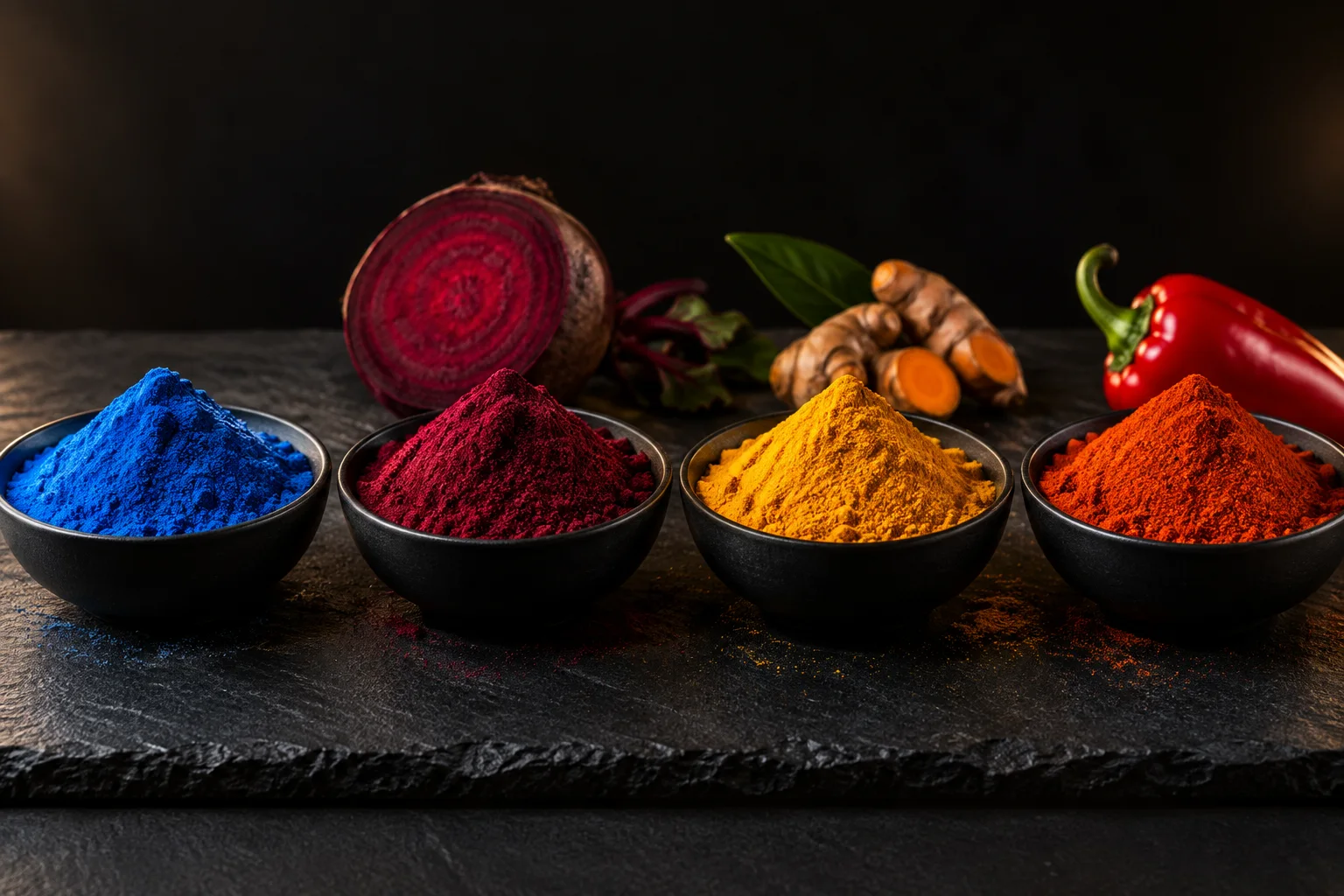 Illustrative blue, beet-red, turmeric-yellow and paprika-orange color powders